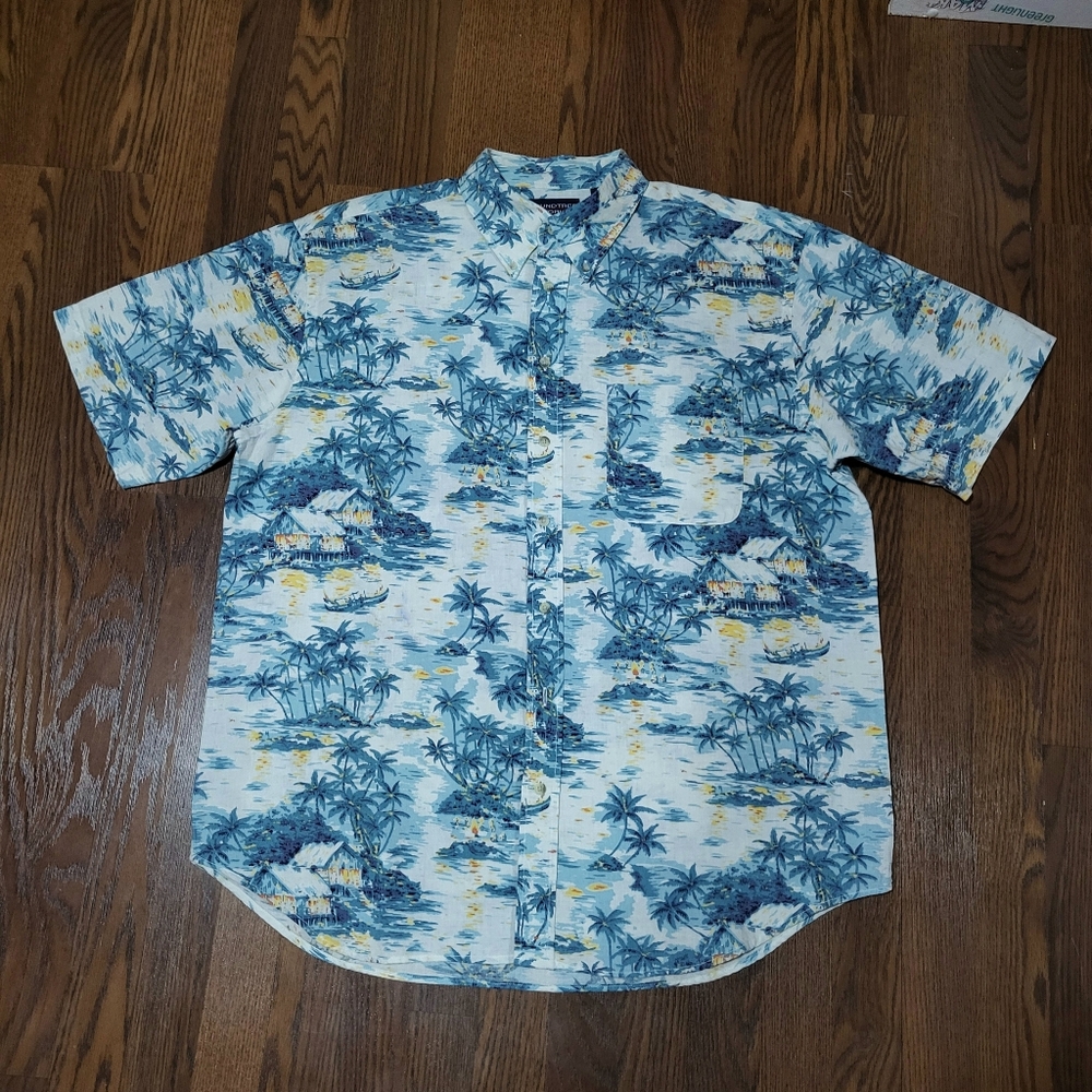 LINEN Roundtree & YORKE Blue Hawaiian Tropical Caribbean Easy Care Dress Shirt L